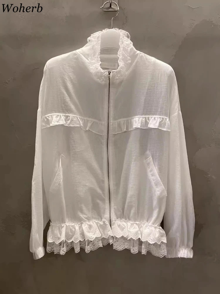 

2025 Women Clothes Lace Patchwork Stand Neck Jackets Korean Zipper Long Sleeve All Match Outwear Sun Protection Fashion Coats