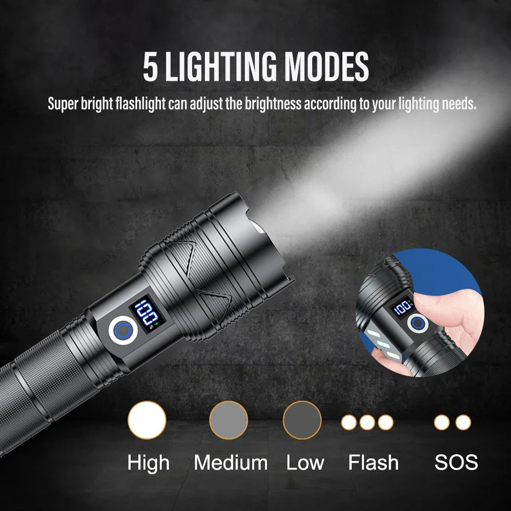 100000Lumen LED High Power Flashlight Ultra Powerful 500W Spotlight Long Range Torch Use 26650  Battery Zoom Emergency Lantern