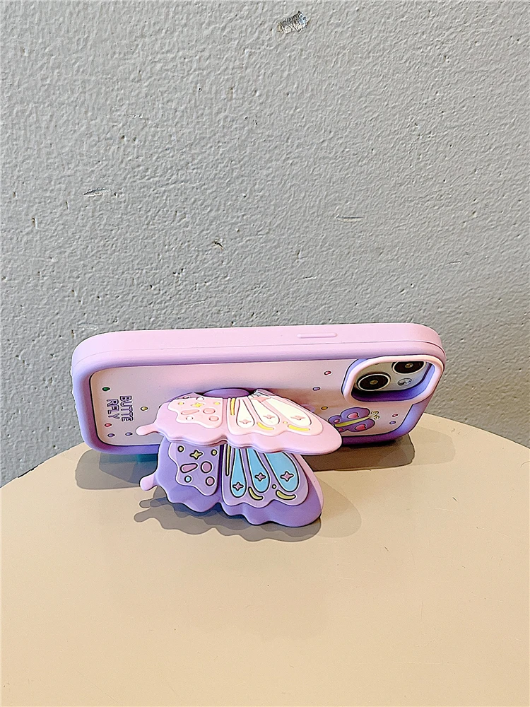 Ins Fashion Lovely Purple Butterfly Holder Stand Case For iPhone 17 15 14 13 16 Pro Max Soft Silicone Phone Cover