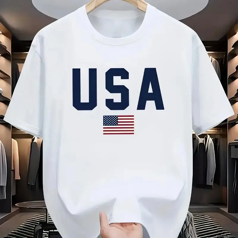 

Men's Patriotic T-shirt USA Print American Flag Graphic Tee Classic College Style Summer Casual Short Sleeve Top