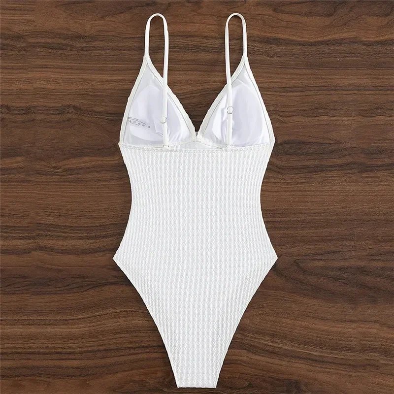 Sexy White Textured Swimwear One Piece Swimsuit Women 2024 Cross V Neck Bathing Suit Swimming Wear Bather Beach Bodysuits New