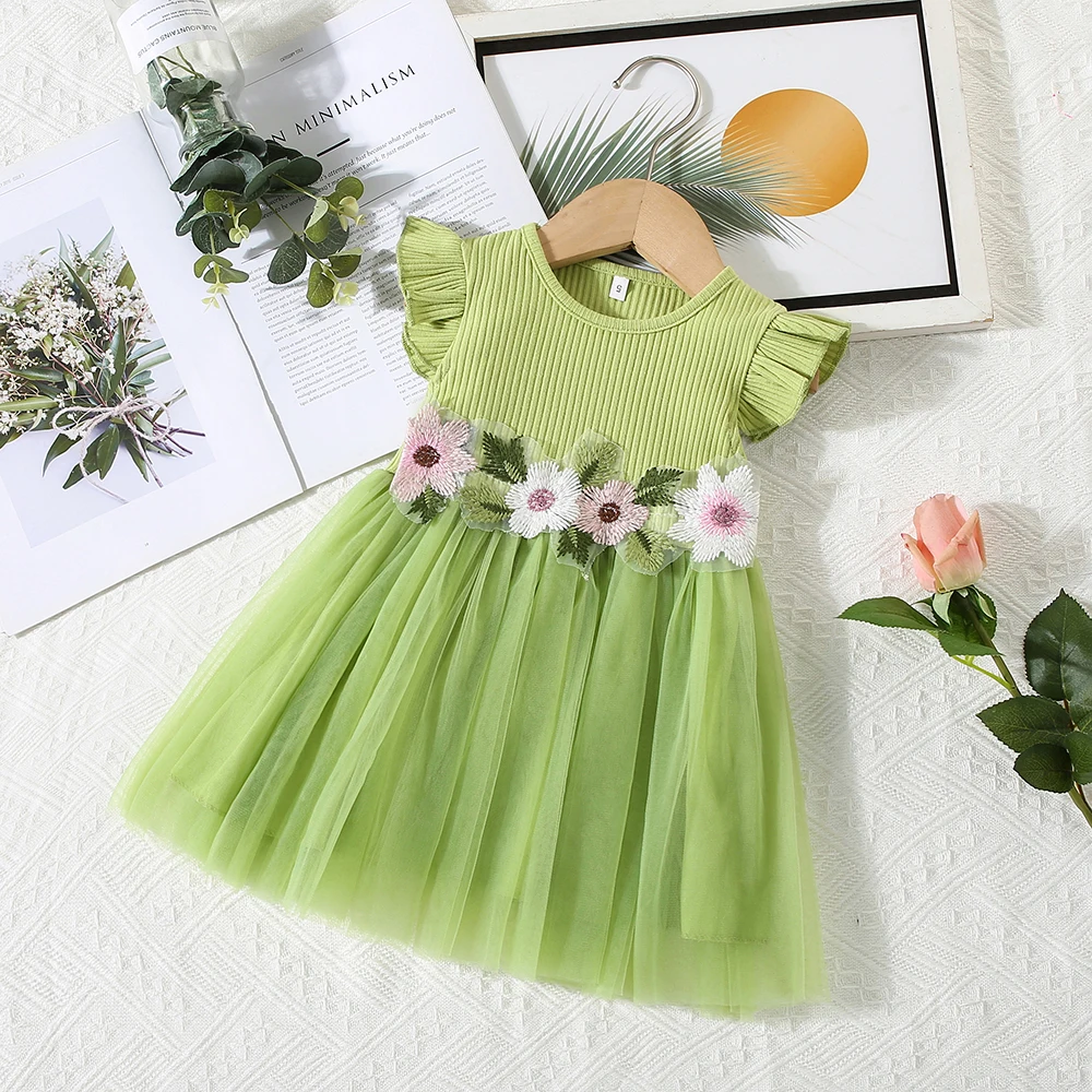 Summer 0-3-Year-Old Girl Dress Baby Girl Waist Flower Embroidery Splicing Mesh Small Flying Sleeve Princess Dress