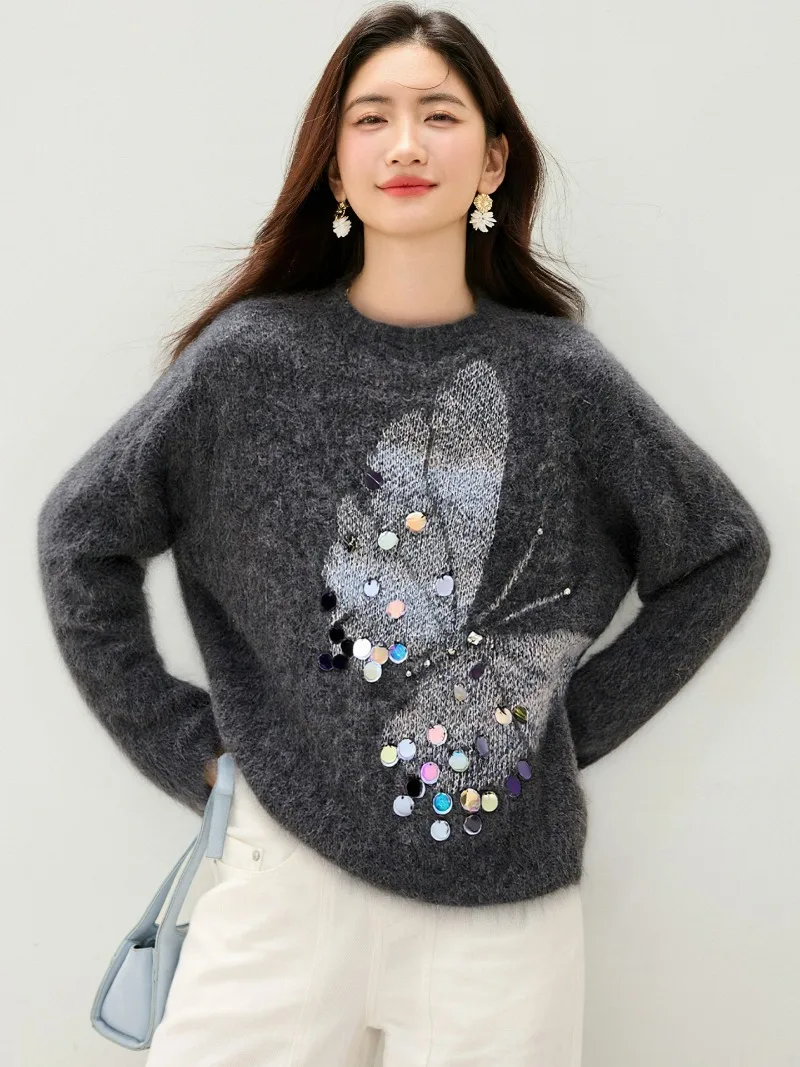 

Корейский жаккардовый вязаный свитер с бабочкой и пайетками, женский утепленный свитер на осень-зиму 2024, пуловеры с круглым вырезом, свободный крой, свитера, джемперы