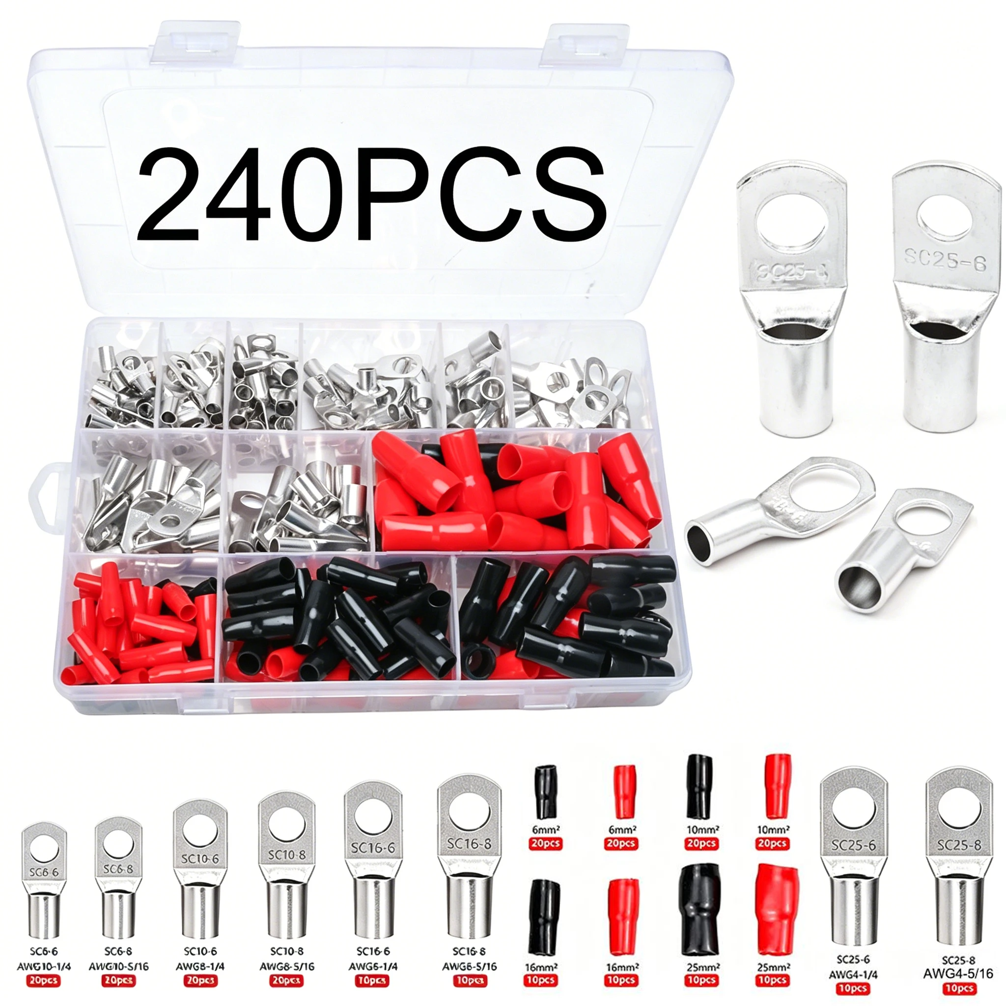 70/240PCS Ring Terminal Kabel Schuhe Lugs 35mm2 Verzinnte Kupfer Lug Draht Auge Anschlüsse Nackte 60 Terminals Lugs Draht Kupfer Kit