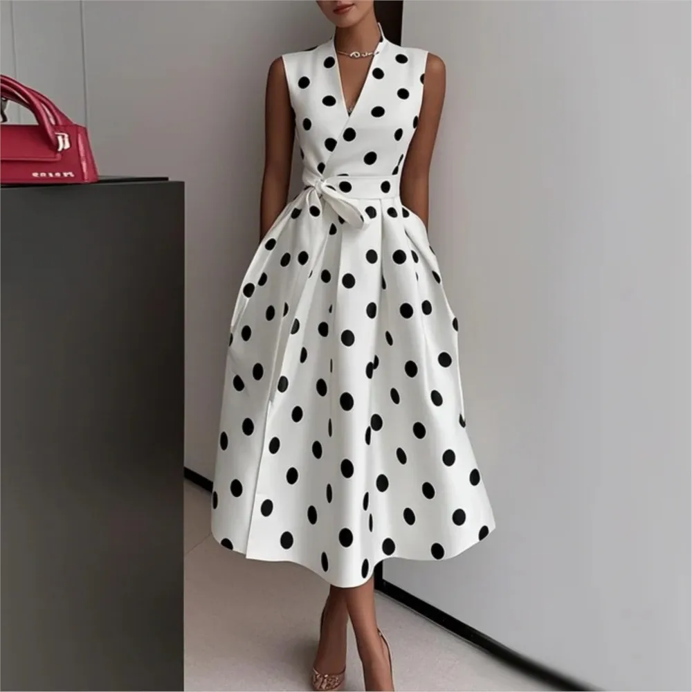 

French Polka Dot Dress Summer Women's Fashion Retro Sexy V-neck Sleeveless Waist Tie Bow Long Dress Vestidos De Fiesta Elegantes