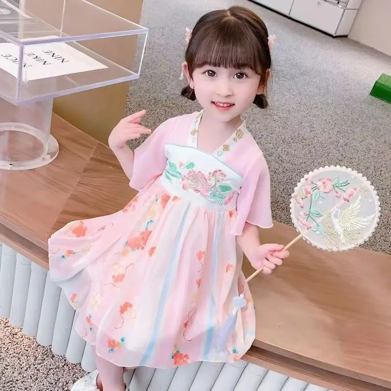 Children Hanfu Princess Baby Girl Dress Mandarin Collar CottonTraditional Chinese Cloth Outfit Costumes Oriental Fairy Kids 2-6Y