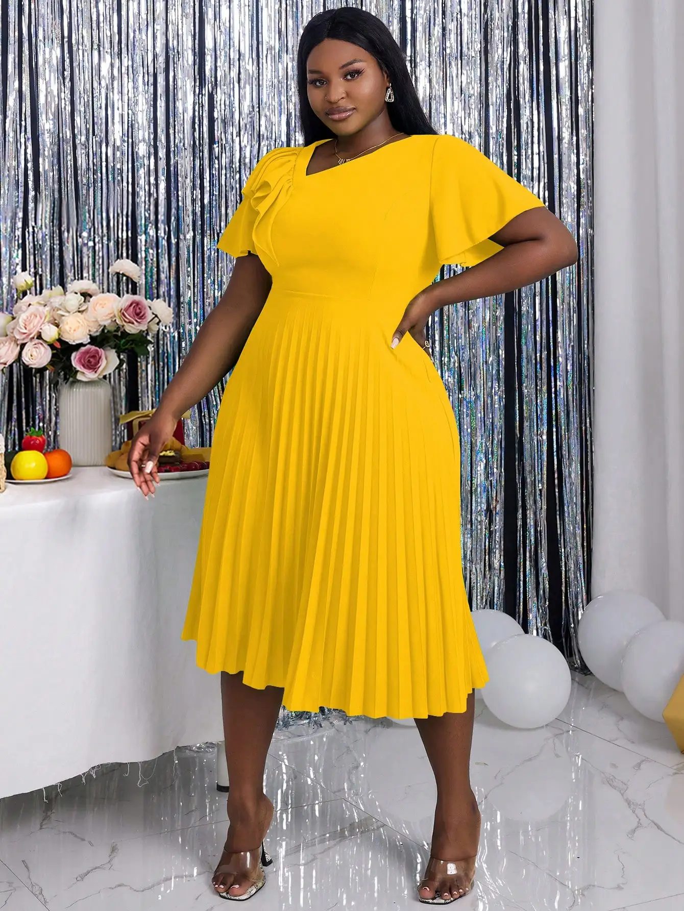 

Plus Size A-Line Dress With Asymmetrical Neckline, Ruffle Sleeves And Pleated Skirt For Office Or Formal Events