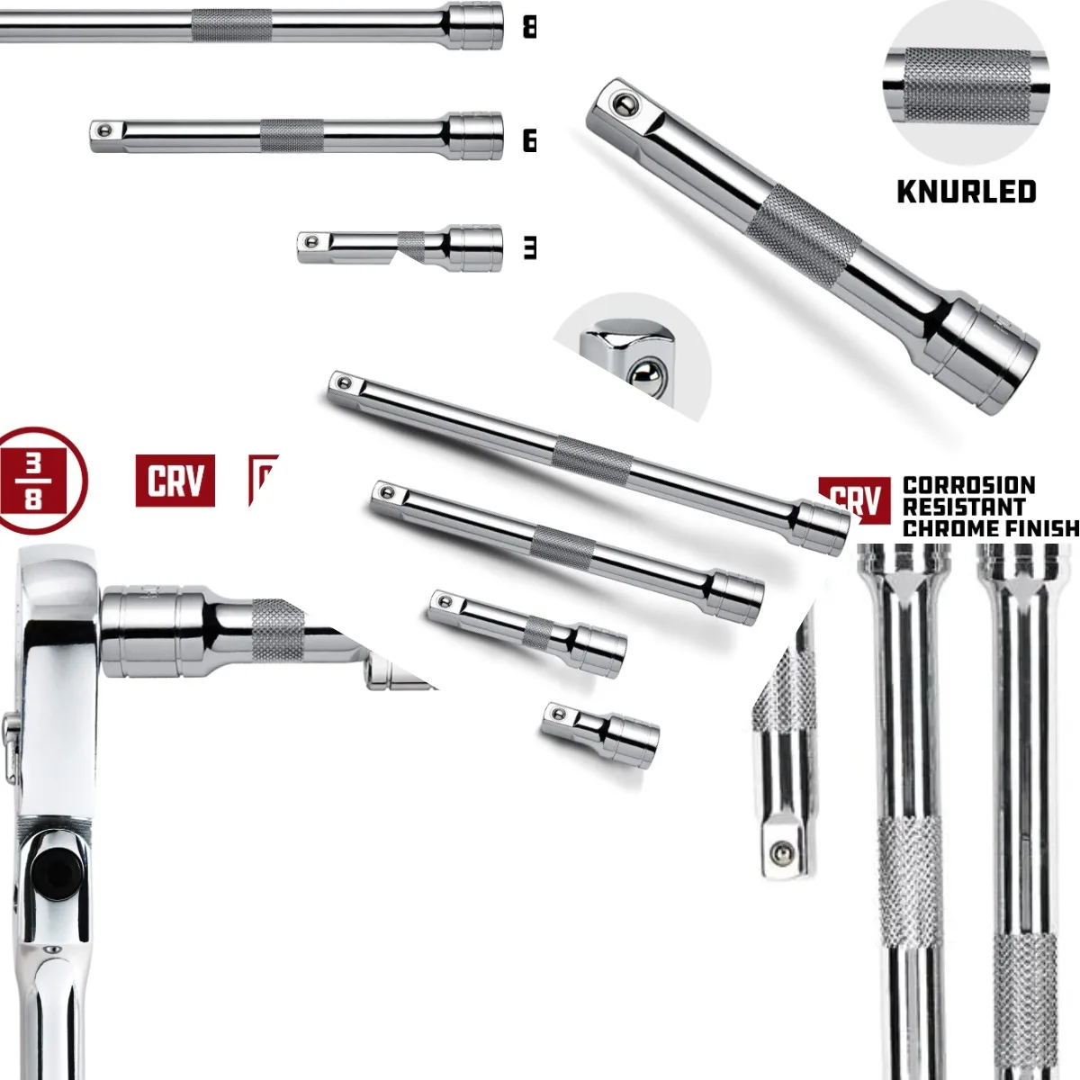 4 Piece Extension Bar Set, 3/8 Inch Drive, Socket Extender Bars, 1-3/4, 3, 6, and 8 Inch, Detent Ball, Grease Rings, Non-Slip Gr