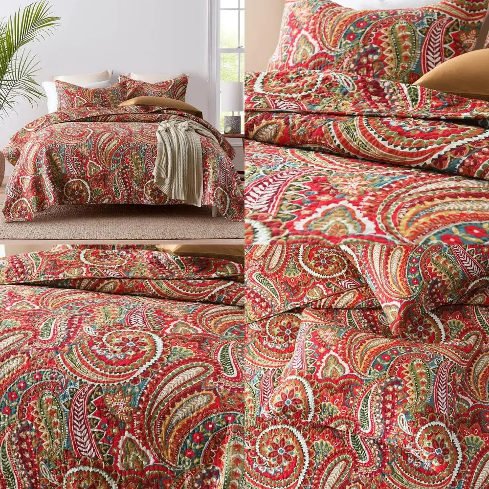 

Reversible Cotton Floral Paisley Comforter Set, Queen Size Bedspread in Red