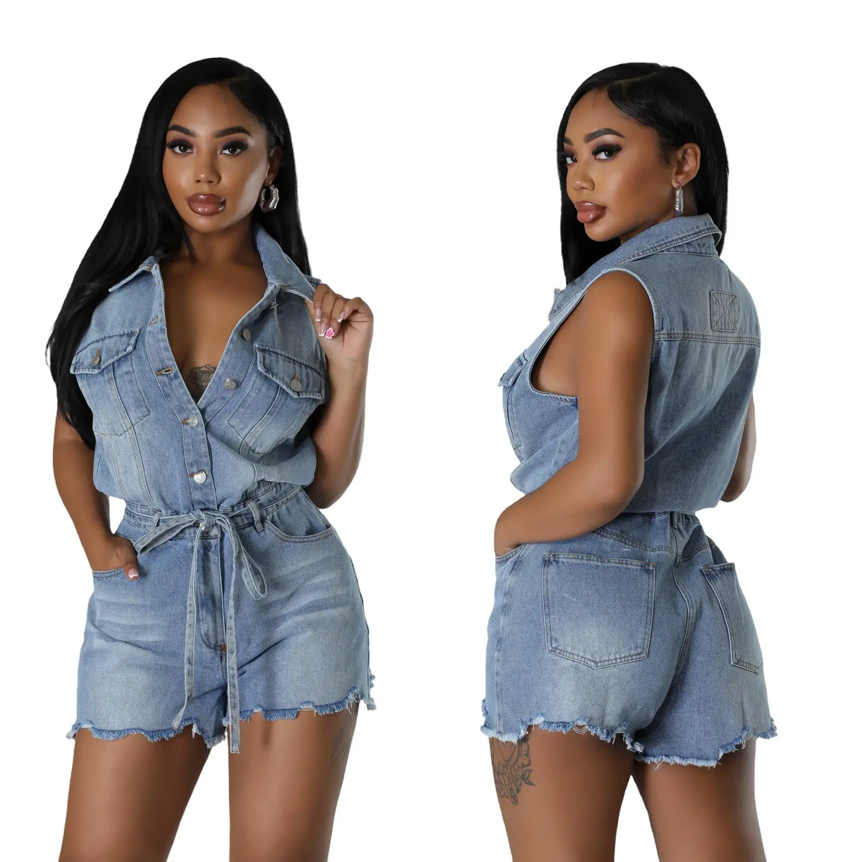 

Loose Fit ort Sve Denim Rer High Elastici Waed Women's One-Piece Suit Low Waist Long Pants Ammonia Fabric