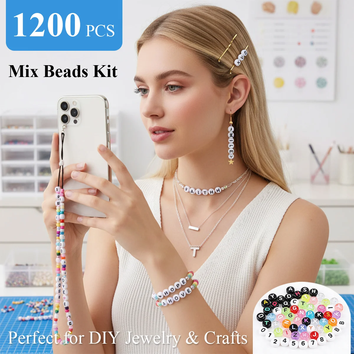 

1200pcs Mixed Beads Kit - 4*7mm Alphabet Numbers Stars Hearts Beads - DIY Jewelry Bracelets Necklaces & Crafts Making for Girls