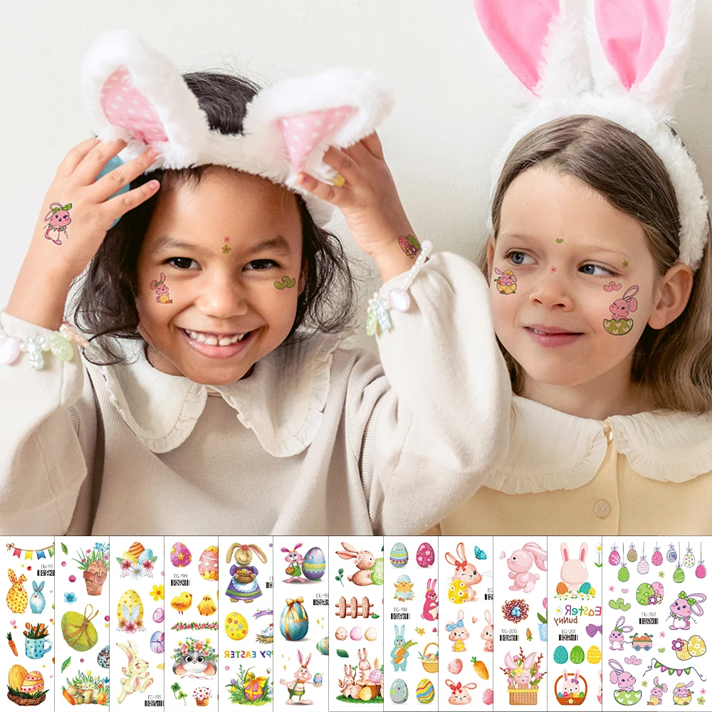 12Pcs Easter Temporary Tattoos For Boys Girls ,Bunny Easter Eggs Spring Flowers Carrots Pattern,Waterproof Body Art Stickers