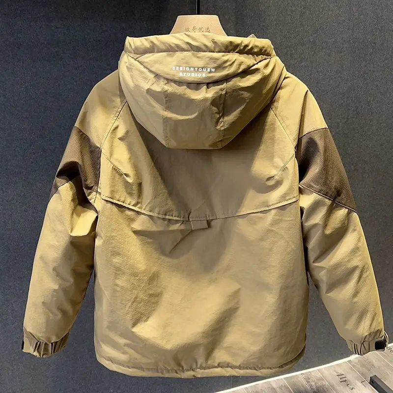 Men's Winter Thick Workwear Jacket Trendy Color Block Hooded Windproof Casual Loose Warm Cotton Coat Cargo Down Cotton Jacket