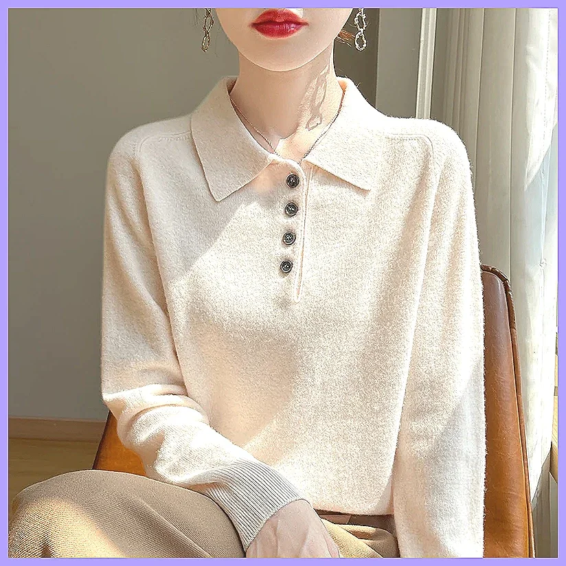 

100% Merino Wool Women's Polo Neck Sweater, Korean Fashion Knit Top for Autumn Winter