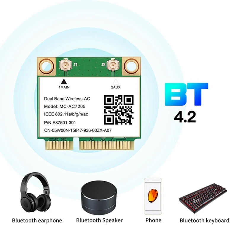 1200Mbps Bluetooth 4.2 Wifi Card Mini PCI-E Wifi Card MC-AC7265 Wireless Network Card 7265 802.11Ac 2.4G 5Ghz For Laptop 7260HMW