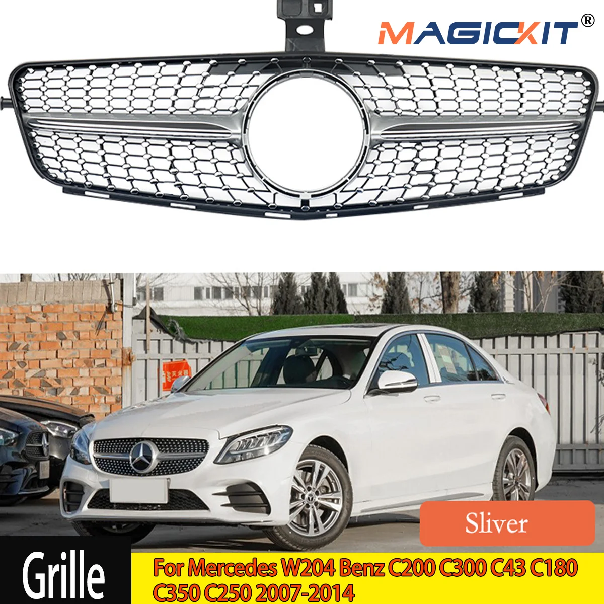 FOR MERCEDES BENZ C-CLASS W204 2008-2013 FRONT GRILLE DIAMOND STYLE CHROME+BLACK CAR Accessories