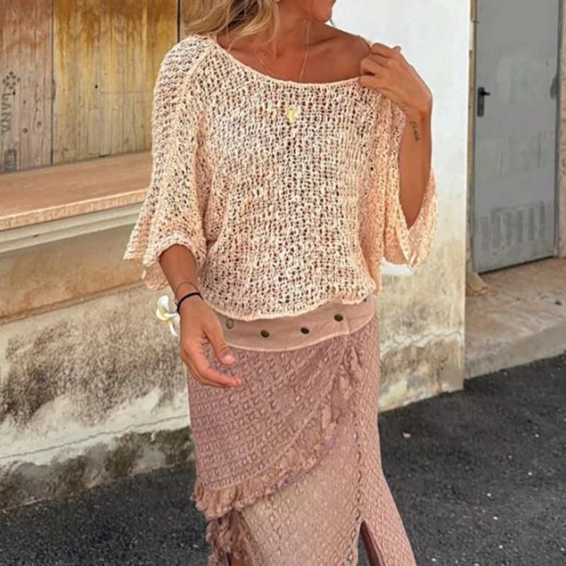 

Women Elegant O-neck Long Sleeve Solid Pullover Fashion Hollowo Loose Sunscreen Shirt Sexy Slant Shoulder Knitted Cover-ups Tops