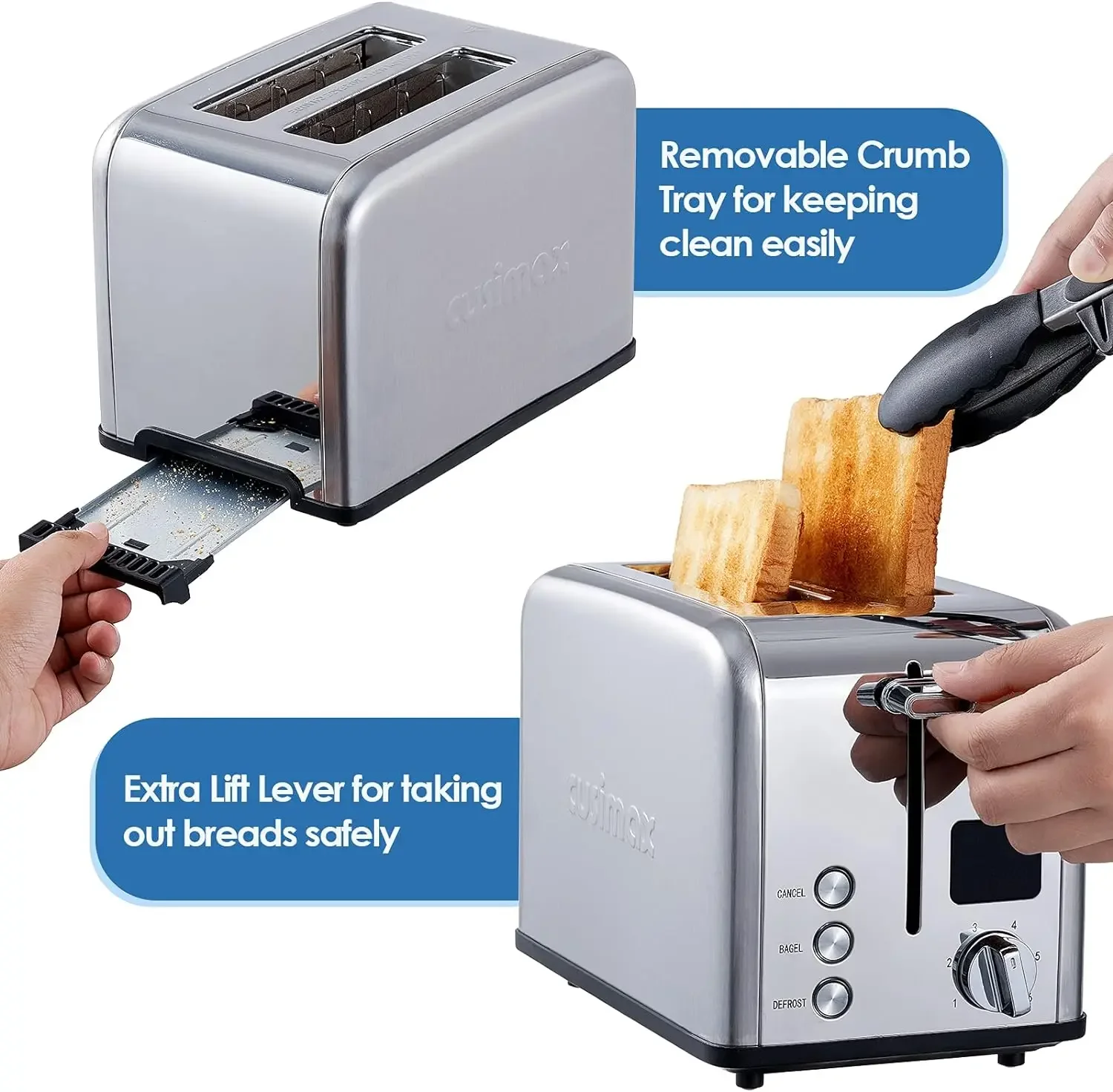 Toaster 2 Slice, CUSIMAX Stainless Steel Toaster with Large LED Display, Bread Toaster 1.5'' Extra-wide Slots with 6 Browning