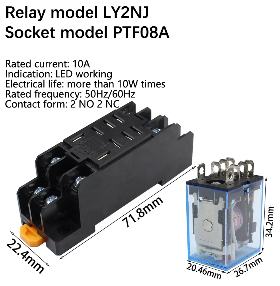 10Set LY2NJ Small Electromagnetic Power Relay DC12V DC24V AC110V AC220V Small Relay 10A 8 Pins Coil DPDT With Socket Base