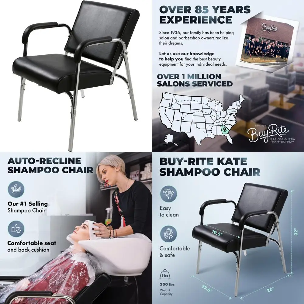كرسي شامبو مريح للاستلقاء مع وسادة قطيفة، أذرع كروم قوية، تنجيد من الفينيل الأسود #1