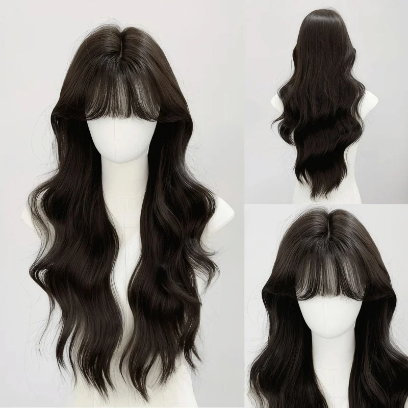 

Full wig for women with bangs, long curly hair, big waves, realistic-looking whole headpiece