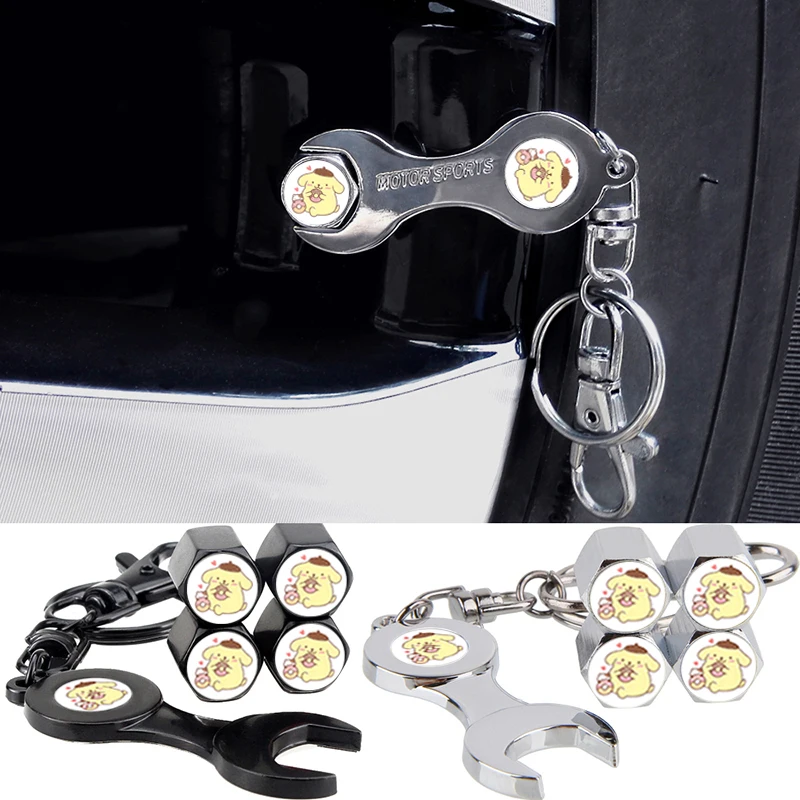 

4 шт., аниме-мультфильм Sanrio PomPomPurin, колпачки для колес автомобиля, колпачки для штока клапана, воздушные чехлы с гаечным ключом для Citroen Renault Ford Jeep Jaguar