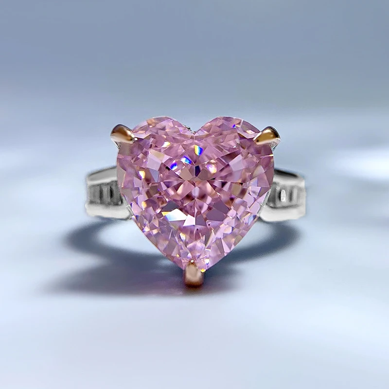 

SpringLady 2024 New 925 Silver 11*11MM Heart-shaped Pink Diamond High Carbon Diamond Ring Fashion Simple Ring Engagement Ring