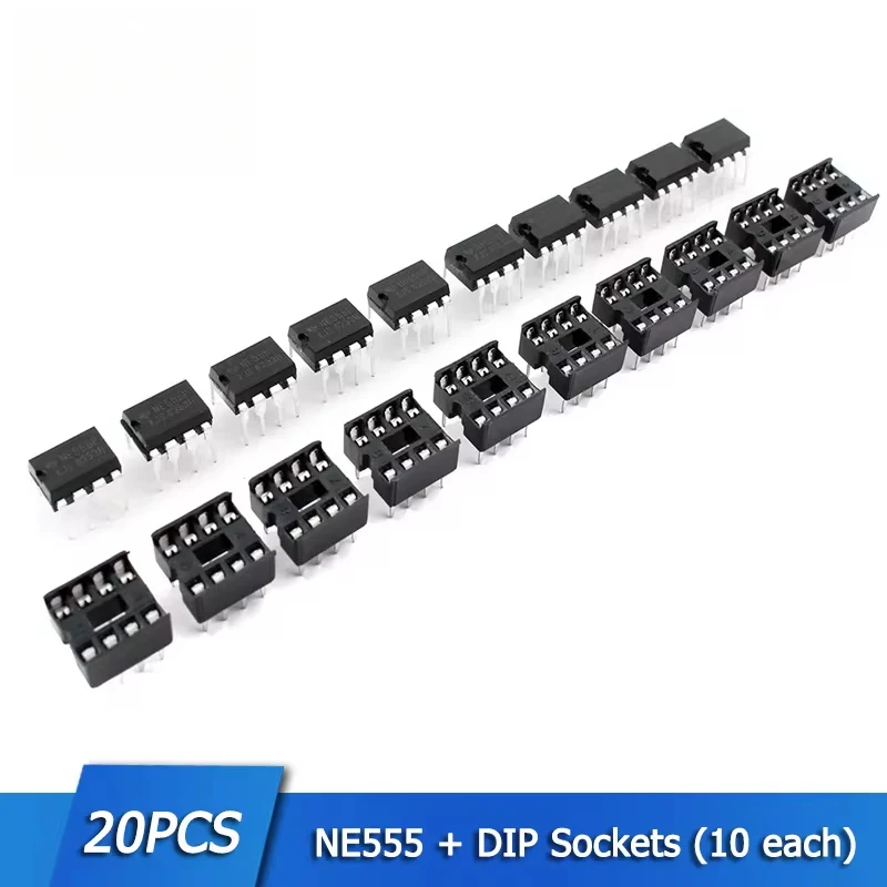 20 buah NE555 NE555P Timer pemrograman osilator Chip IC 555 & 8 Pin DIP Kit soket (masing-masing 10)