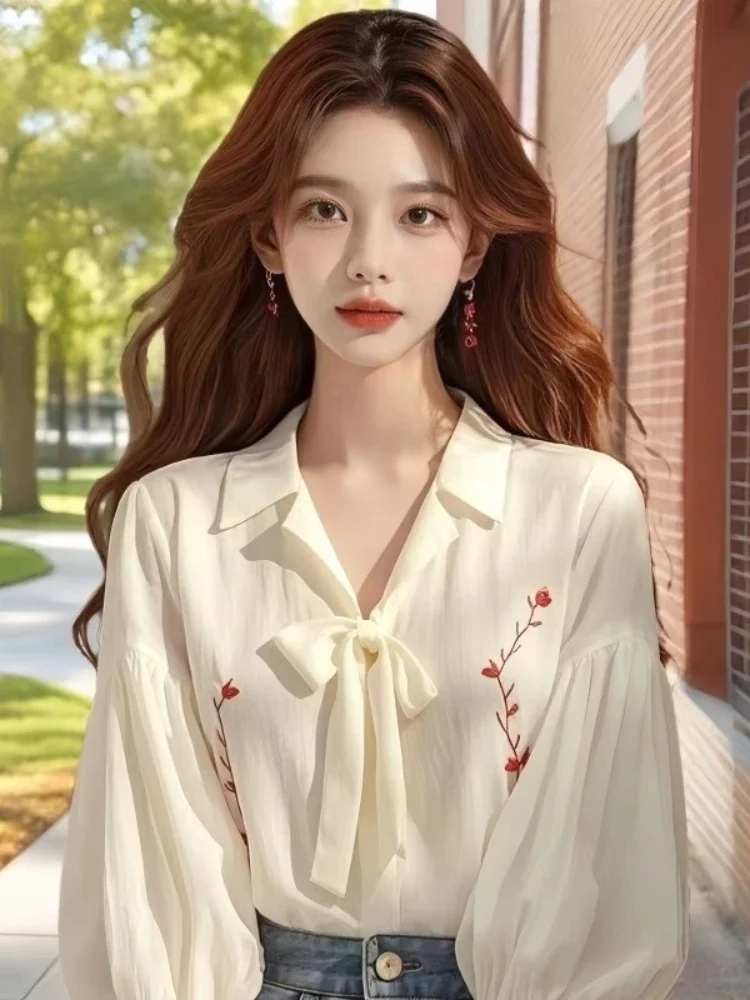 بلوزات شيفون نسائية قمصان كورية مطبوعة موضة فضفاضة للربيع/الصيف بفيونكة ملابس عتيقة بأكمام طويلة ملابس علوية للسيدات