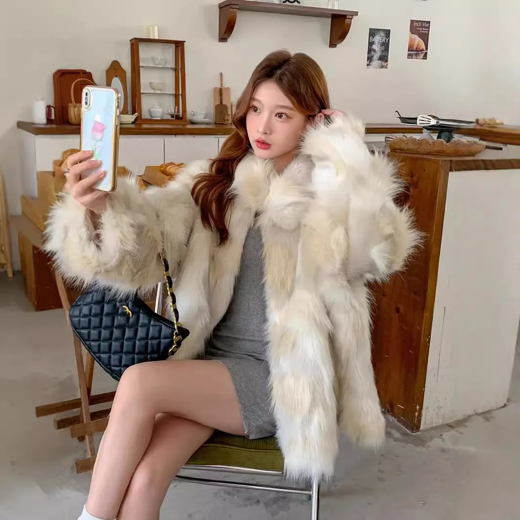 

Temperament Women Winter Imitaion Fur Outwear Lapel Collar Plush Chic Lady Artificial Fur Coat Elegant Female Faux Fur Jacket