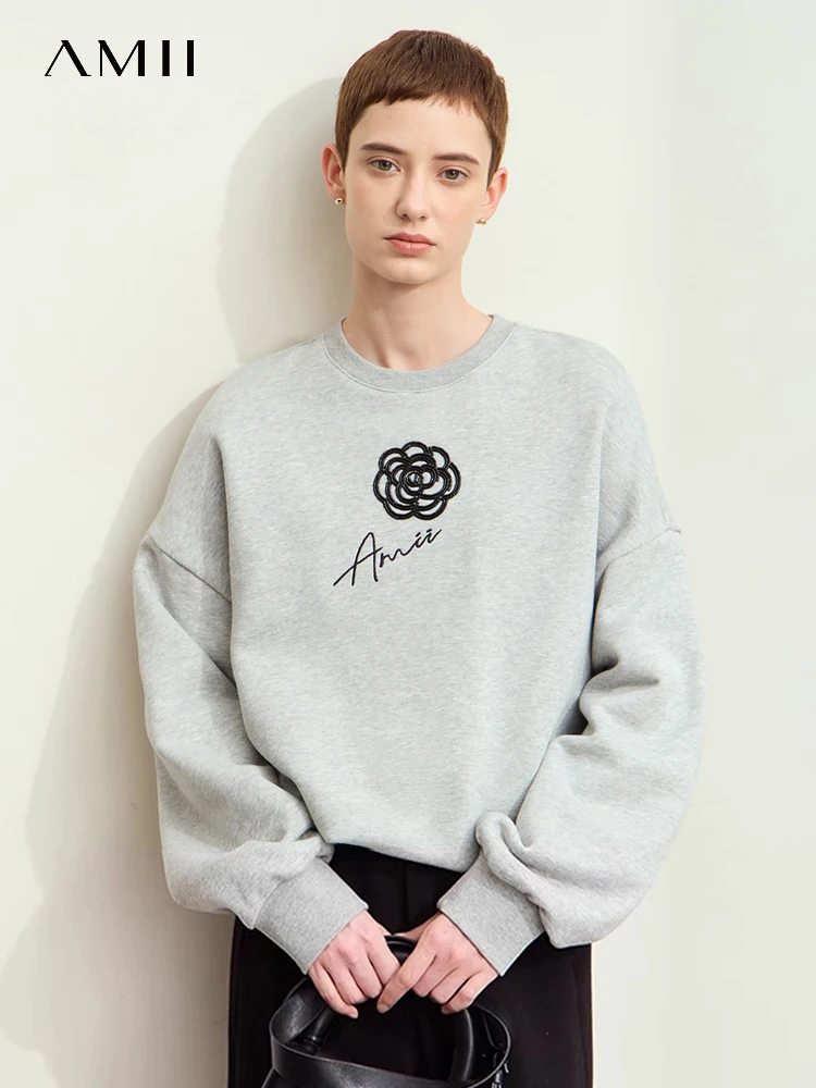 Amii-レディースコットンフーディー,ラウンドネックレス,ローズ刺embroidery,ドロップスリーブ,トレンディ,新しい秋のコレクション,2024, 12413003