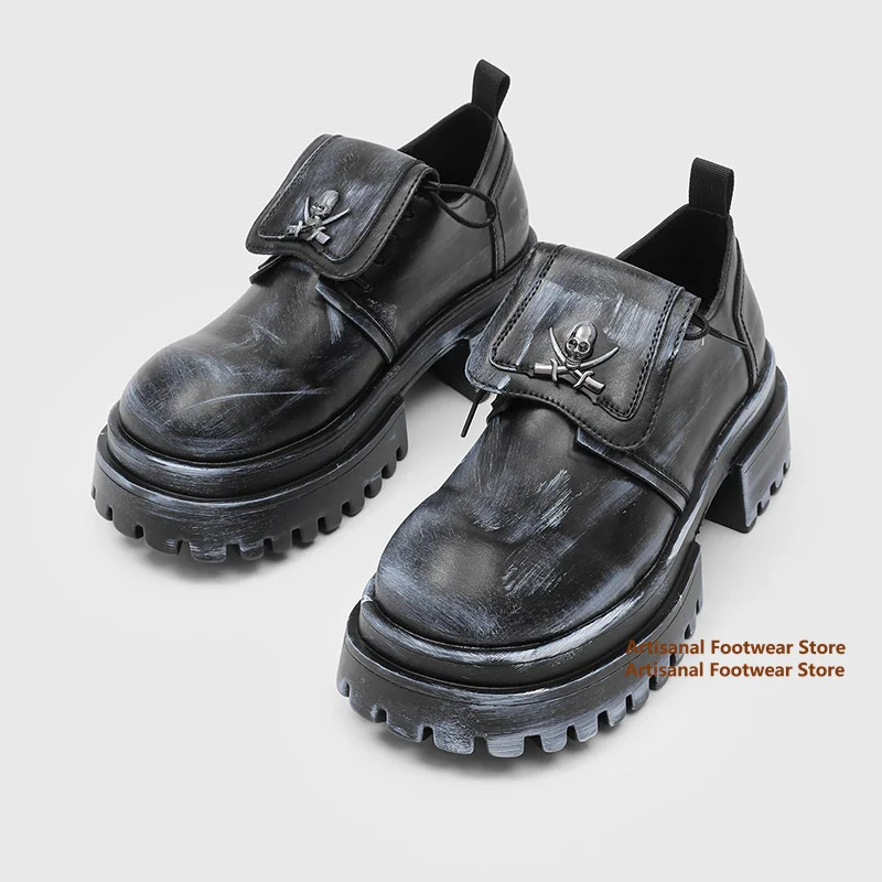 Men's Punk Platform Derby Shoes Faux Leather Lace-Up Shoes Gothic Skull Metal Decor Double Layer Chunky Sole Men's Shoes