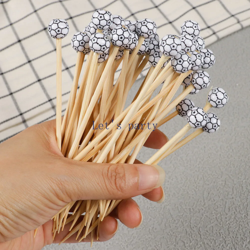 50Pcs Sports Football Theme Disposable Bamboo Skewers Food Picks Buffet Fruit Cocktail Fork Sticks for Kids Birthday Party Decor