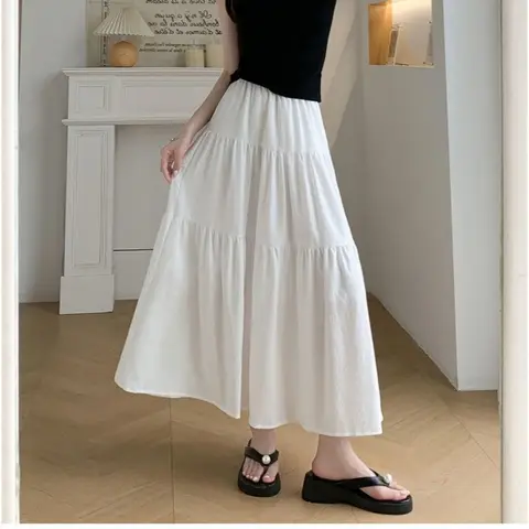 Elegant Solid A-LIne Cake Long Skirts Fashion Women Vintage High Waist Elastic Spring Dresses Office Lady Commute Chic Skirt