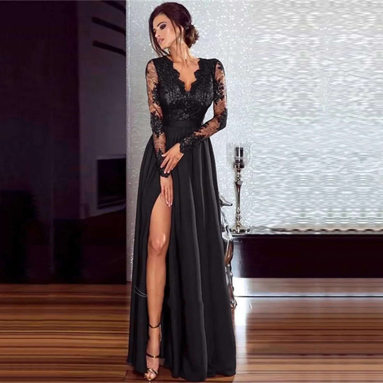 

Dresses For Women Floral Lace Maxi Dress Long Sleeve V Neck Wedding Evening Party Formal Dress Robe 2024