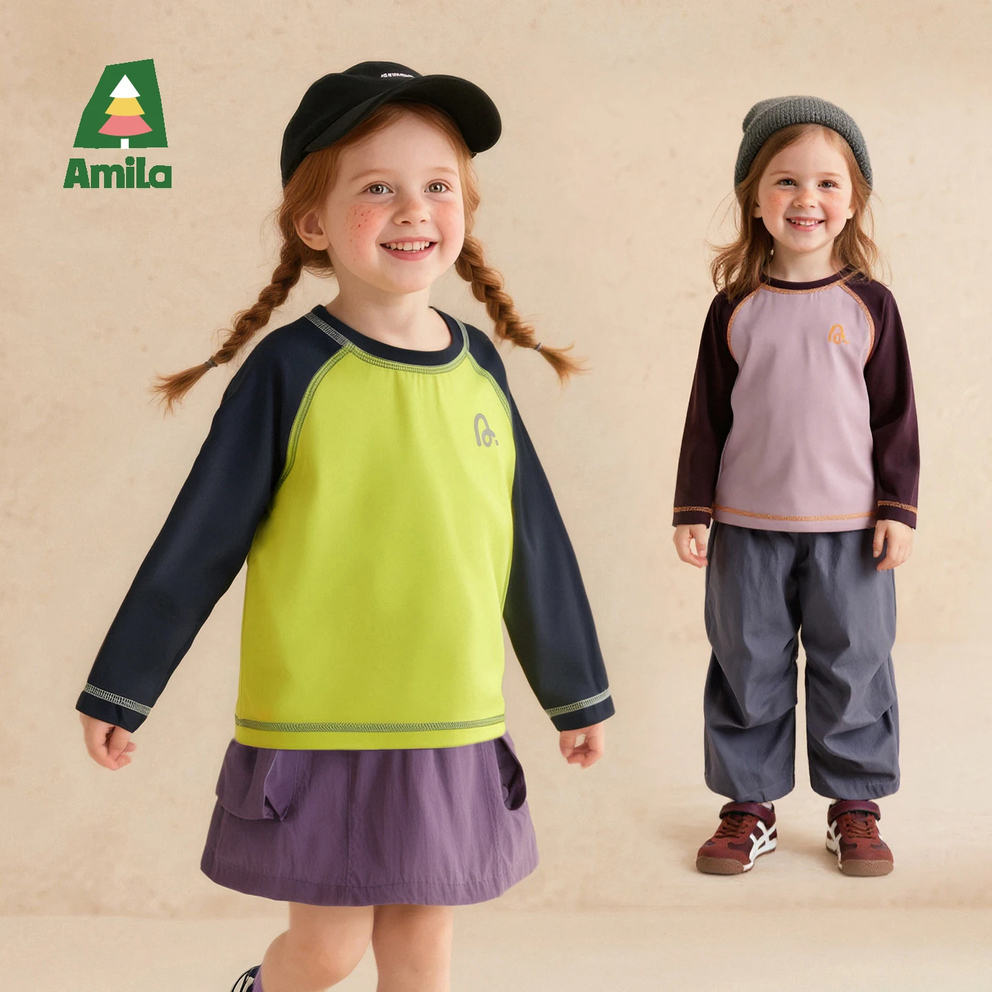 

Amila 2025 Kids T-shirt Autumn Boys Girls Long Sleeve Raglan Colorblock Cotton Casual Sport Children Kids T-shirt