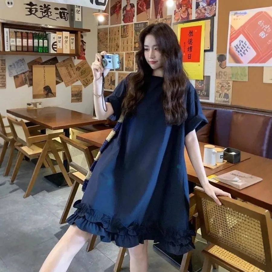 

【New Arrival】Women Crew Neck Roll Short Sleeve Loose A Line Mini Dress Ruffle Hem Solid Casual Summer Shift Dress