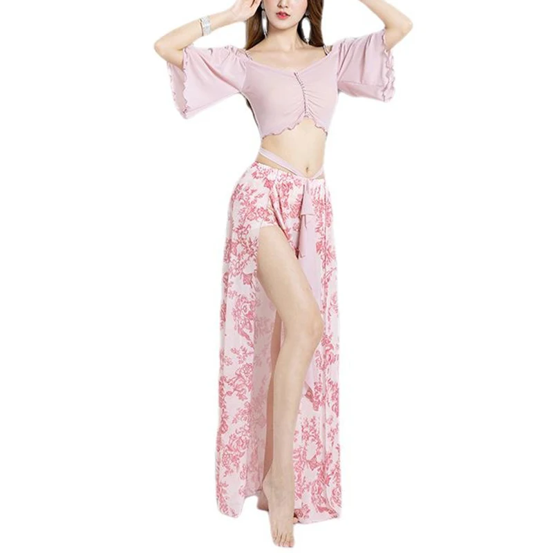 Conjunto feminino de saia dividida e top oriental de dança do ventre, roupa elegante para prática, roupa dançante, performance adulto