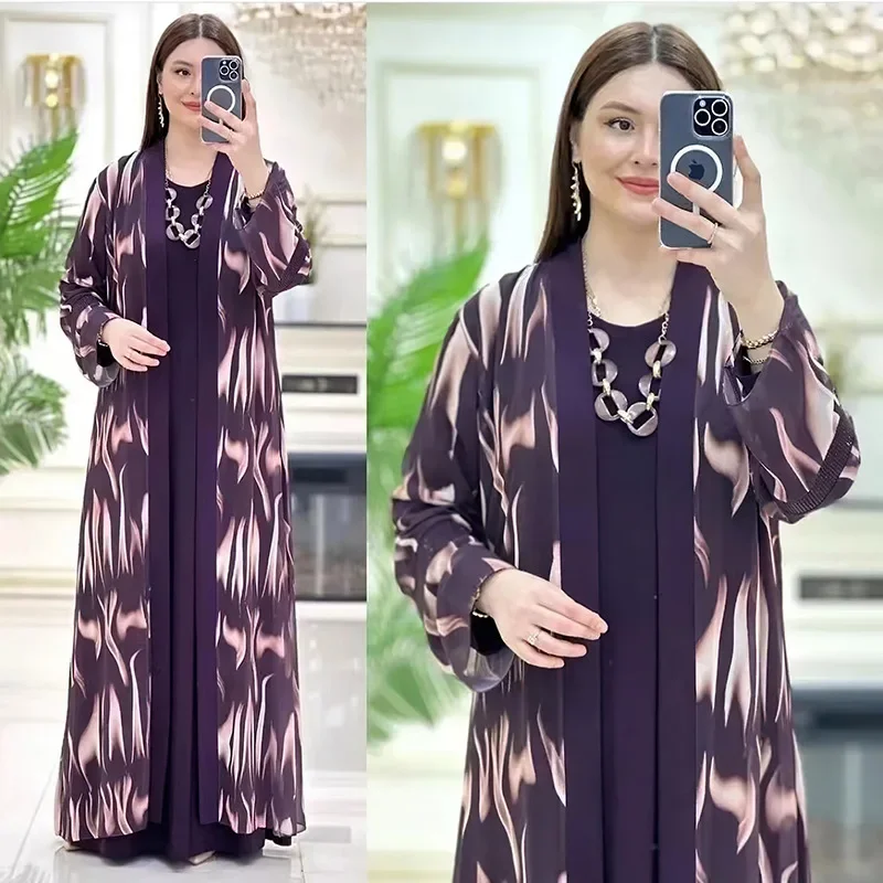 Printed Cardigan Robe 2 Piece Set Abayas Women Autumn Muslim Sets Elegant Party Long Dress Arab Abaya Dubai Turkey Islam Kaftan