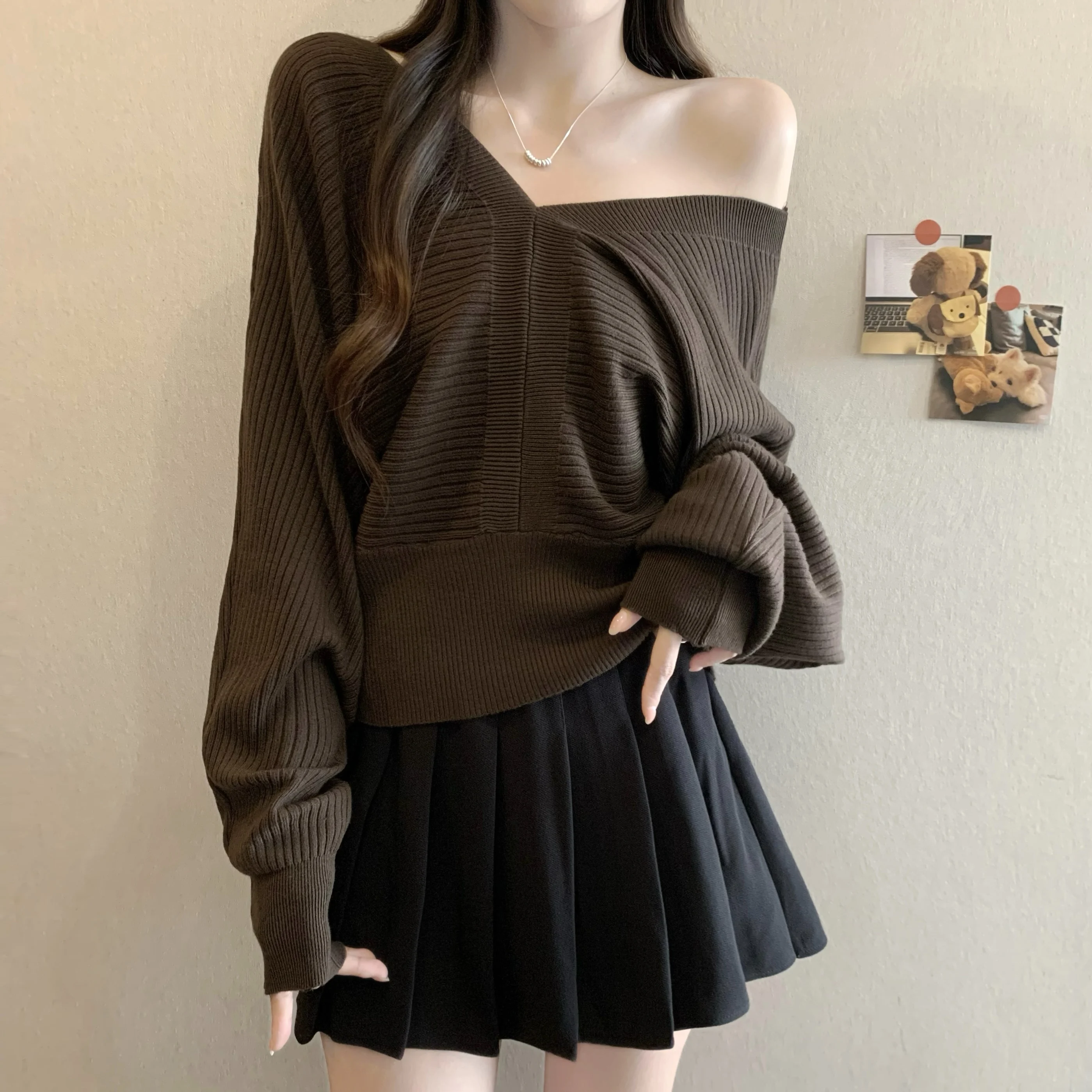 

Корейский вязаный свитер Sle V-Ne Batwing Sve Lazy Faion, женский модный осенне-зимний новый поступление, повседневный удобный топ