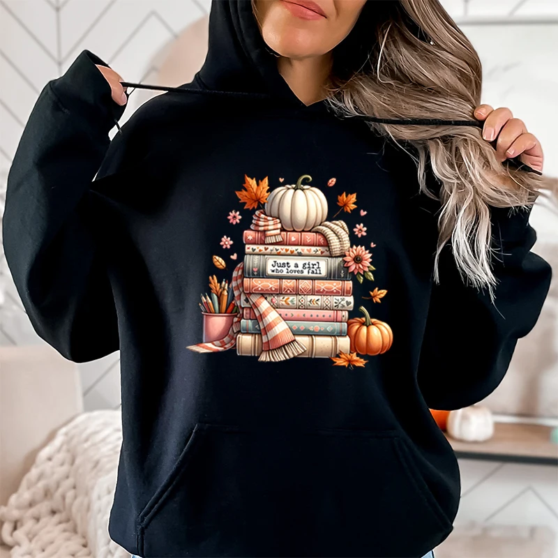 Funny Books Just A Girl Who Loves Fall Print Women Hoodie Autumn And Winter Pullovers Ladies Long Sleeves Round Neck Sweatshirts