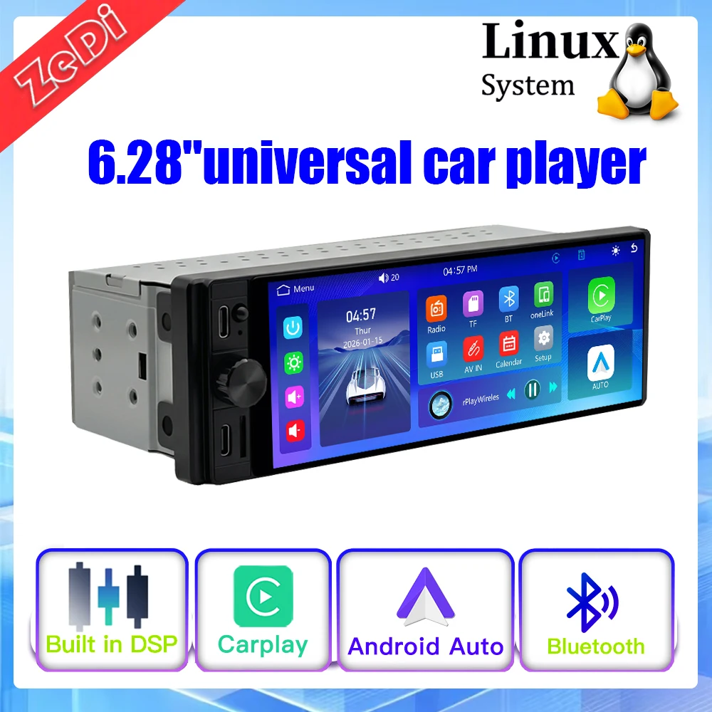 

6,28-дюймовый универсальный автомобильный проигрыватель с новой системой Linux, беспроводным CarPlay, Bluetooth, видео, мультимедиа и камерой