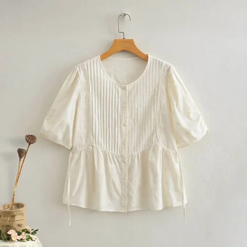 

Solid Shirts for Women Summer New Vintage Harajuku Linen O-neck Loose Half Sleeve Single Breasted Korean Style Blouse Women Tops