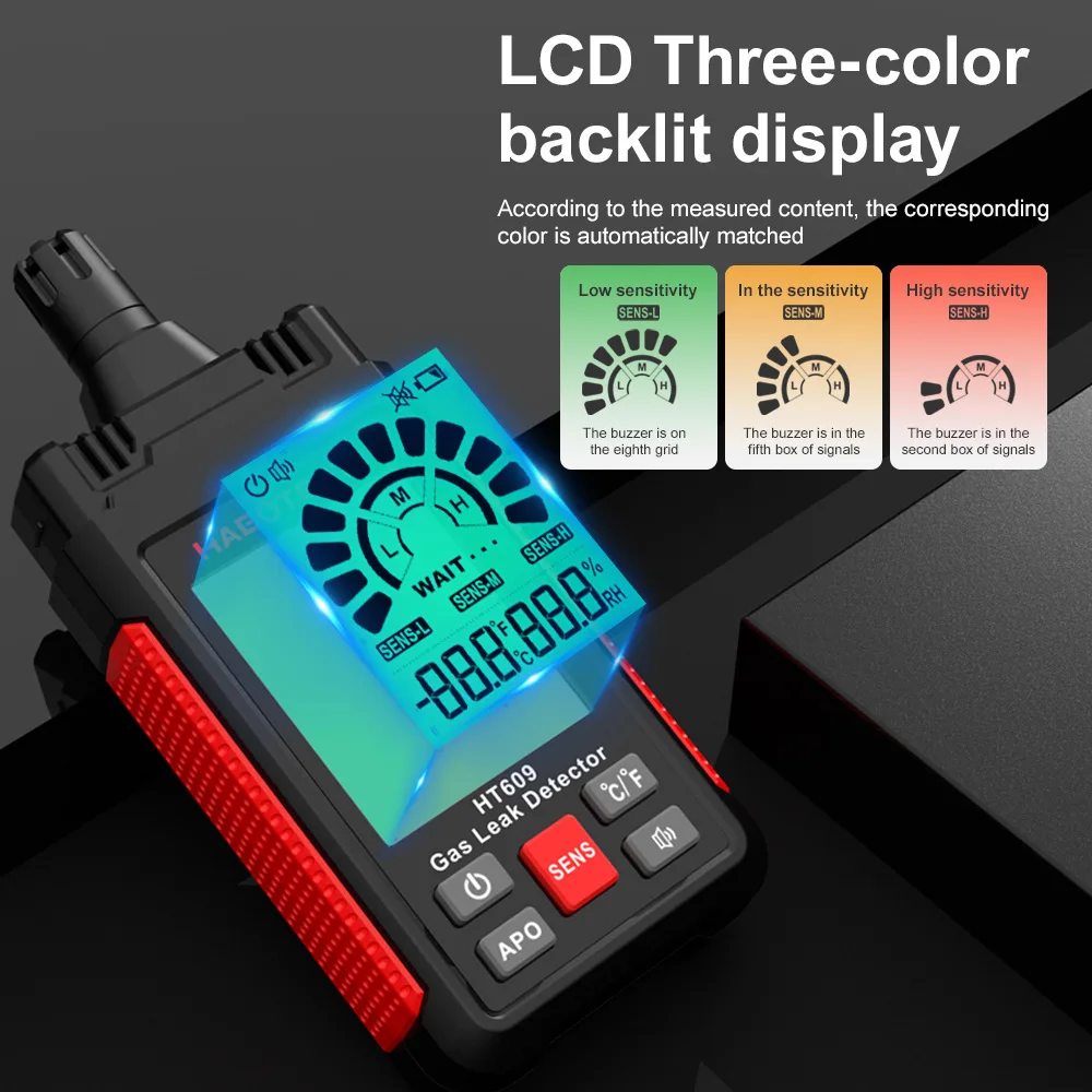 5 قطع Ht609 شاشة كبيرة مع شاشة درجة الحرارة والرطوبة، موجه إنذار 3 ألوان، كاشف الغاز القابل للاحتراق، الغاز والغاز الحيوي