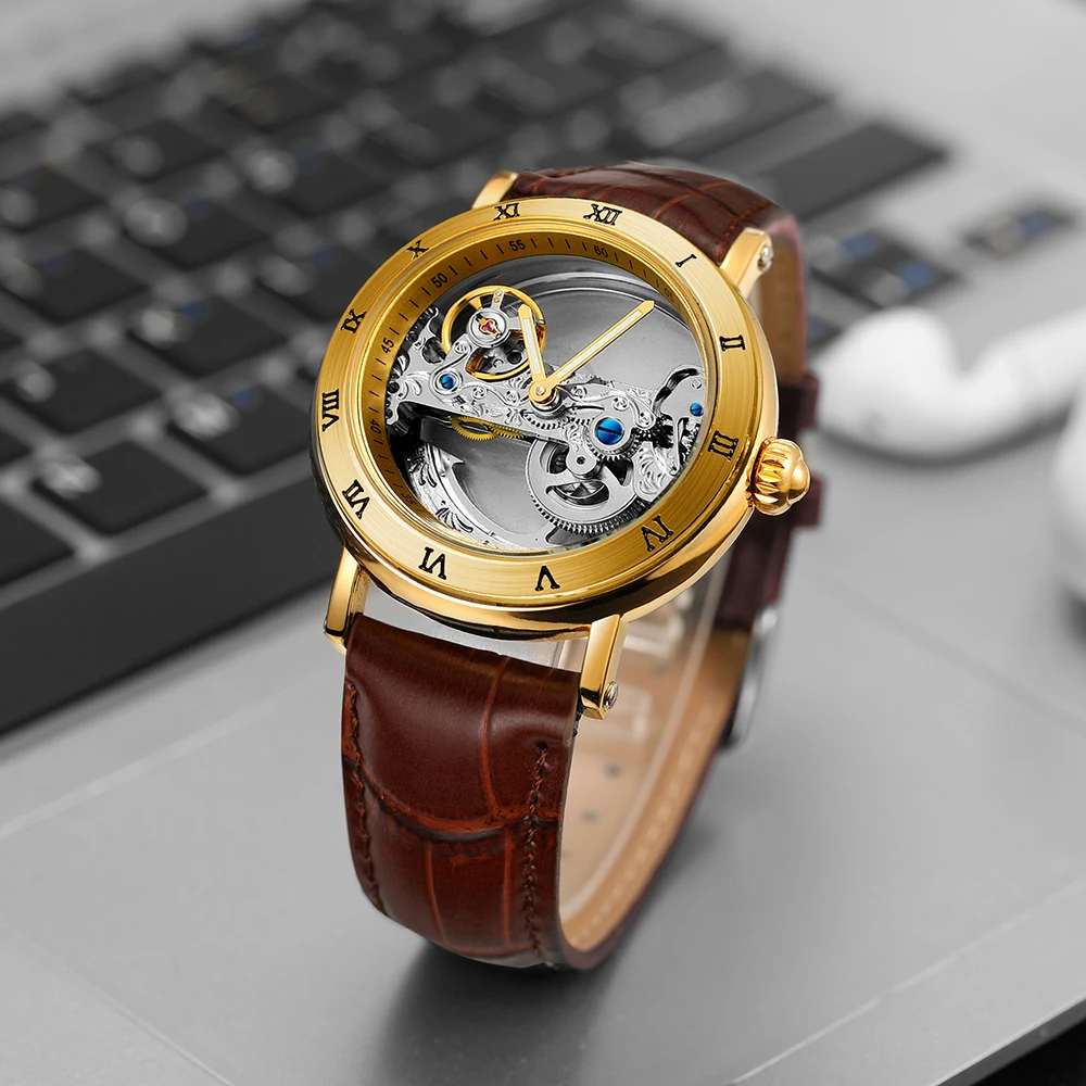 Vintage Mechanical Watches Golden Bridge Skeleton Automatic Mens Watch Luxury Genuine Leather Belt Carved Movement Luminous Hand