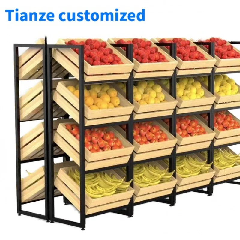 (customized)Multifunctional Metal Wooden Wine Fruit Vegetable Display Shelf Light Duty Plastic Supermarket Rack Grocery Shop