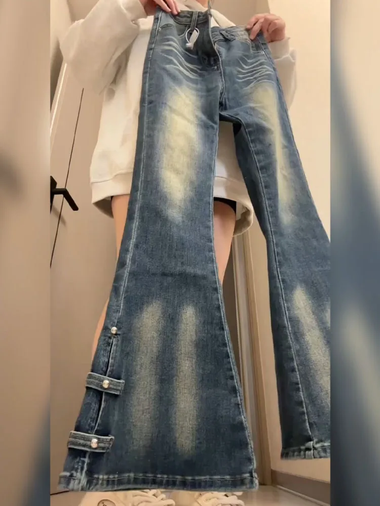 

Retro American Blue Waed High Waist Slimming Bell Bot Jeans Women Spring Summer High Waist Bell Bot Casual Straight ...