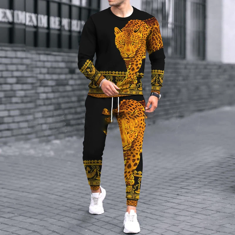 Spring Men 2 Pieces Luxury Long Shirt Trousers Set Leopard Printing Suit Male Fashion Tracksuit Casual Outfit Vintage Clothing