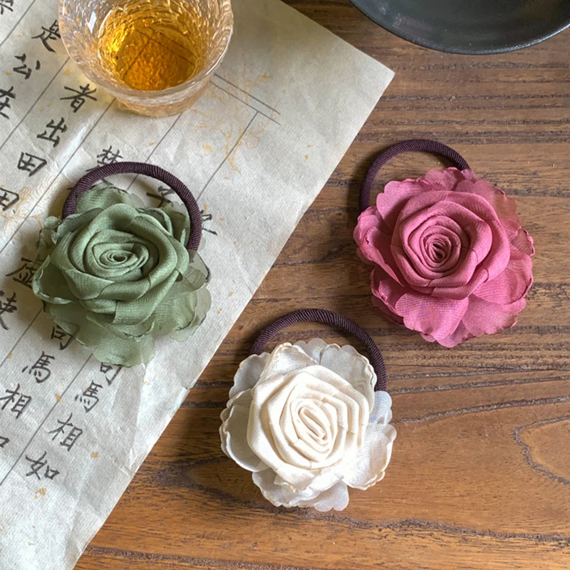 Scrunchies de flores rosas Retro Para mujeres y niñas, coleta Floral dulce, banda elástica para el cabello, tocado de cuerda para la cabeza, moda