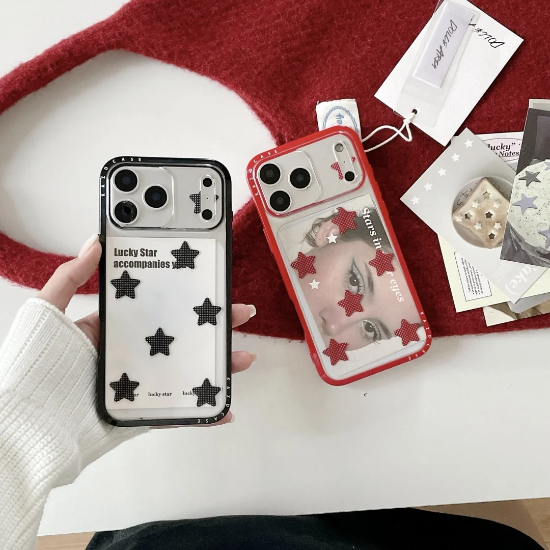 

Ins Korean Star Creative Sticker Card Clear Phone Case For iPhone 16E 15 16 17 Pro Max Air 14 13 12 Mini Plus Cover